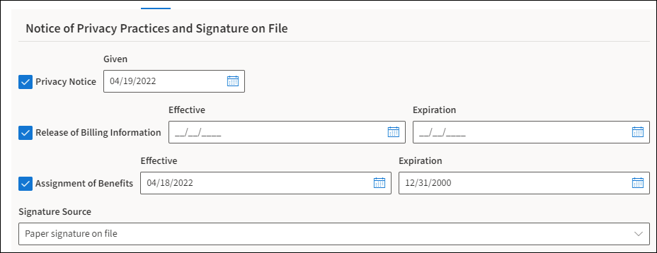 Notice of Privacy Practices and Signature on File section completed.